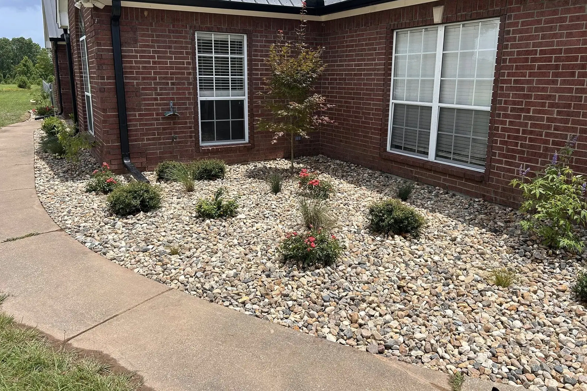 Concrete pathway with decorative rock landscaping and shrubs in front of a red brick home – Hood Lawn Care and Services.